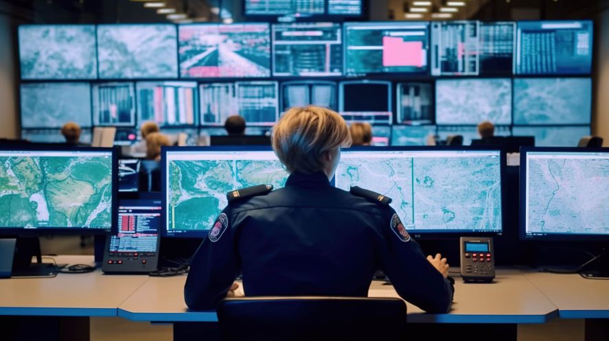 Emergency Response, Police Officer's Working in a 911 Call Center with Advanced Monitoring