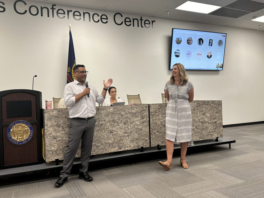 ITS/CIO Administrator Alberto Gonzalez with DHR Administrator Janelle White speaking at the ITS All Staff meeting on June 2024