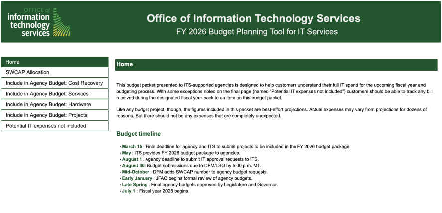 ITS Screenshot of the Budget Planning Tool for IT Services