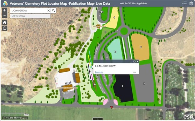 Screen shot of the Boise Veterans Cemetery grave locator map