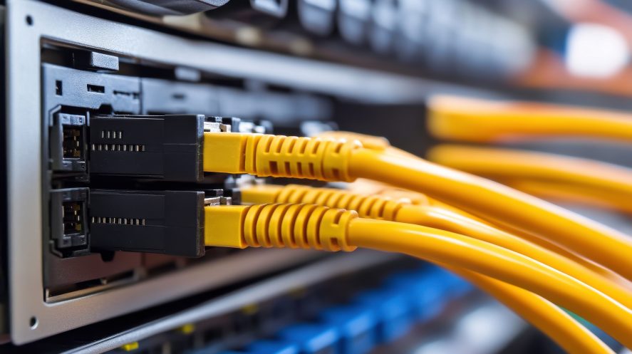 A close-up view of networking equipment showing yellow cables connecting devices. Ideal for representing technical support and troubleshooting services.