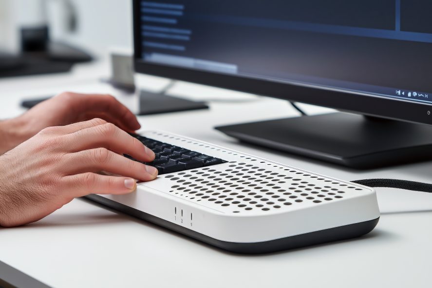 Modern Braille display device connected to a computer, with a visually impaired person using it to read digital text.
