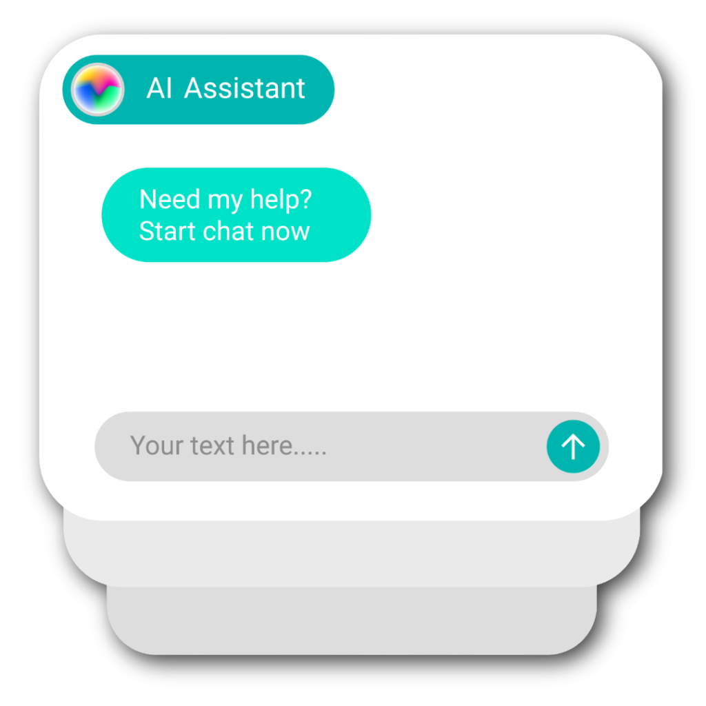 Image of an AI chatbox titled "AI Assitant" with a text blurb from the chatbot that says "Need my help? Start chat now."