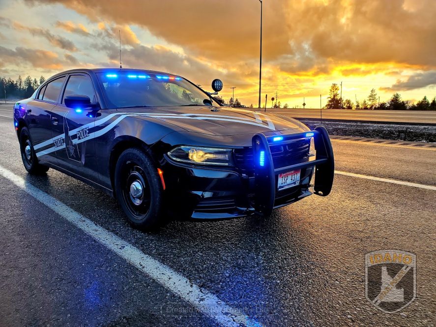 Idaho State Police cruiser at sunset
