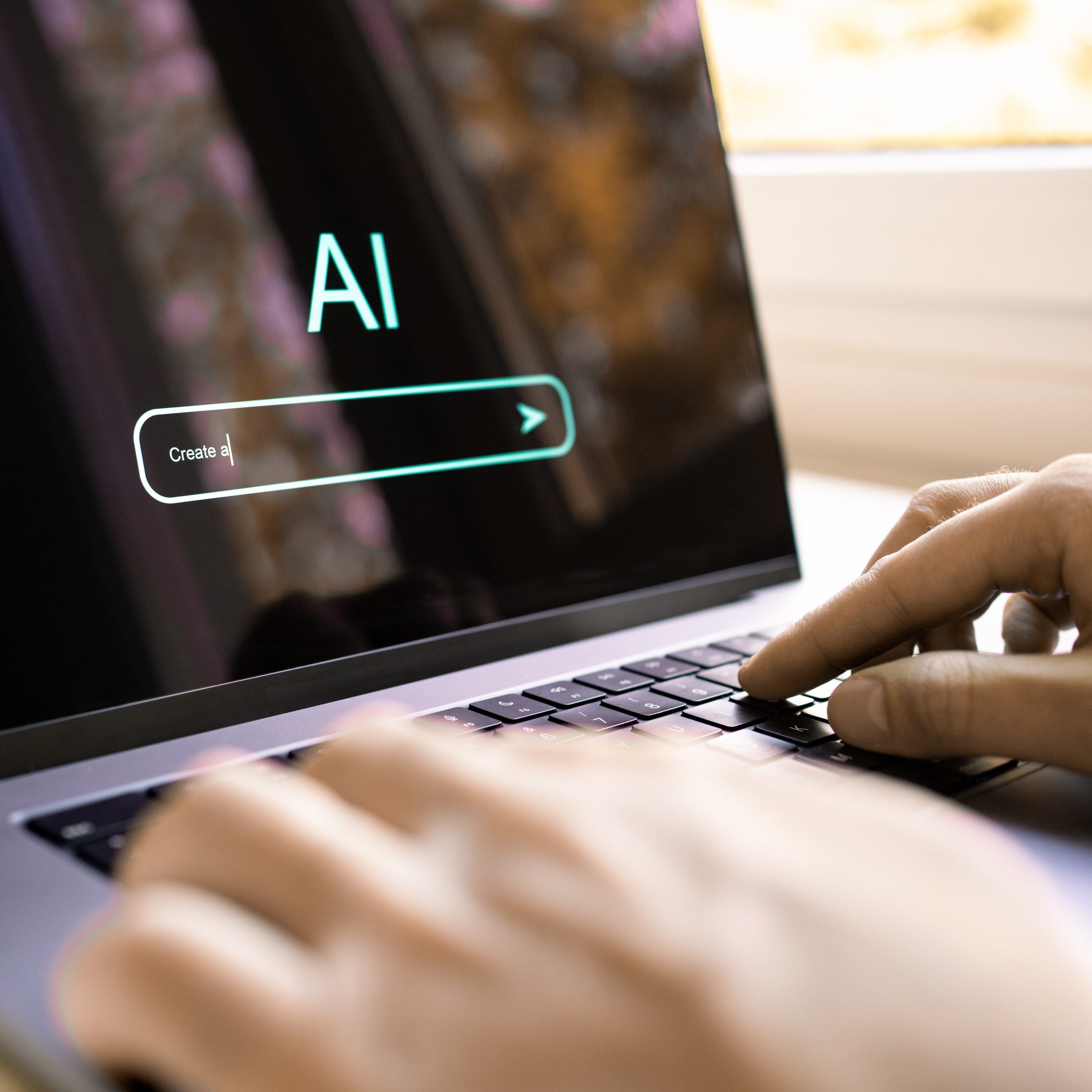 Someone typing an AI prompt to generate content on their laptop browser.
