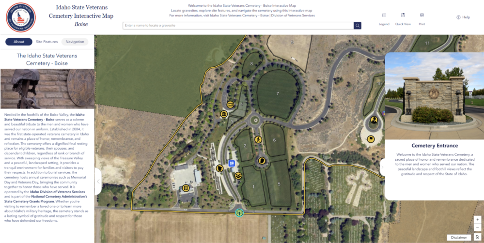 Desktop view of the new Idaho State Veterans Cemetery interactive cemetery map application. 