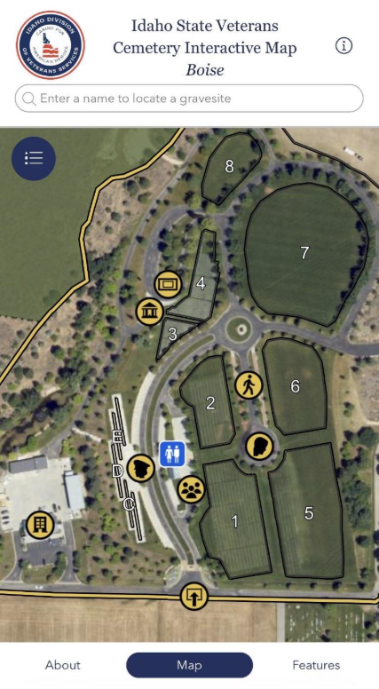 Mobile view of the new Idaho State Veterans Cemetery interactive cemetery map application. 