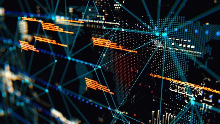 A digital graphic showing interconnected lines, glowing nodes, and code overlays forming a network-like visualization on a dark background.