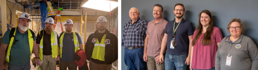 Two photos side by side: on the left, four workers in safety vests and hard hats in a construction area; on the right, five people standing against a plain wall.