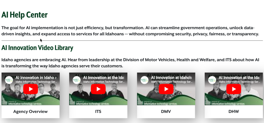 Webpage section titled AI Help Center with text about AI implementation. Below, the AI Innovation Video Library displays four video thumbnails labeled Agency Overview, ITS, DMV, and DHW, each with a red play button and green design accents